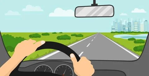 View of the road from the driver's seat. The driver looks at the road Stock Illustration