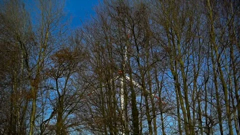 View from the road to trees and wind turbines Stock Footage 91986220