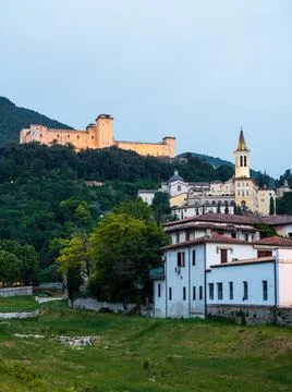 View of the Rocca Albornoz and Spoleto Cathedral at dawn, Spoleto, Umbria, Stock Photos