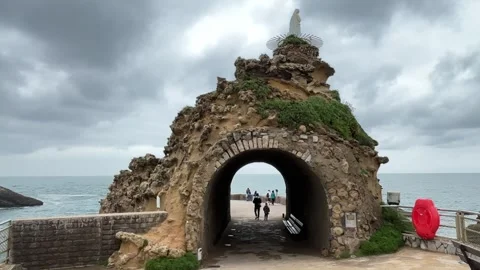 A view of Rocher de la Vierge in Biarritz, France Stock Footage 281348920