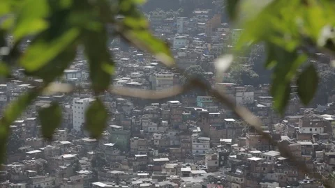 View of Rocinha favelas from behind tree branches Rio Video stock 91056720