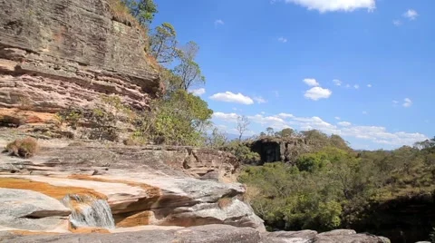 View of rock formation and waterfall in Ibitipoca State Park Stock-Footage 53779121