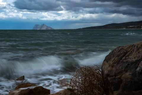 View of the Rock of Gibraltar on an overcast day Stockfoto's