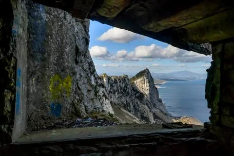 View of the Rock of Gibraltar through a rectangular framed lookout,Gibraltar Stock Photos
