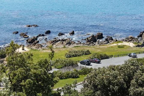 A view of the rocks and the Moai statue on the bank of Lyal Bay, Wellington, Stock Photos