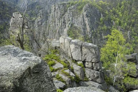 View of rocks and trees in the Bode Valley from the Hexentanzplatz, view of the 스톡 사진