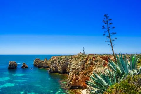View on rocks called Farol da Ponta da Piedade - coast of Portugal, Algarve Stock Photos