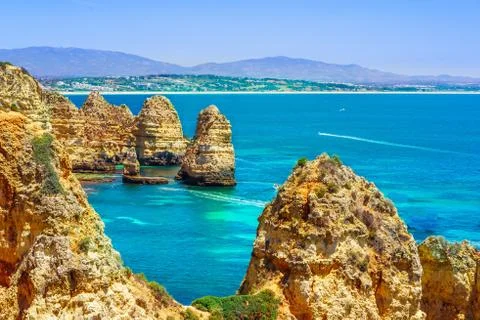 View on rocks called Farol da Ponta da Piedade - coast of Portugal, Algarve Stock Photos
