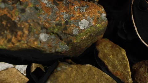 View of rocks with moss and lichen in a natural setting near water Stock Footage 339874479