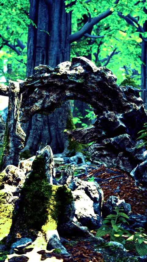 View of a rocky arch in a green forest during daylight hours Stock Footage 335093919