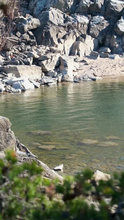 View rocky cliffs and clear river water at Great Falls Park, Virginia, USA Stock Footage 339275284