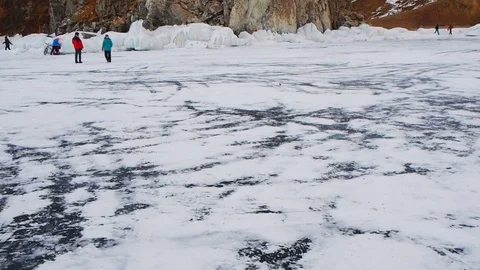View of rocky Island in Frozen Lake Baikal Stock Footage
