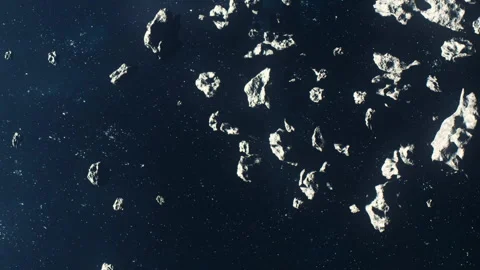 View of rocky objects floating in dark space with stars around Stock Footage 348777250
