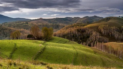 View of rolling green hills and a traditional house in Romania. Video stock 333527265