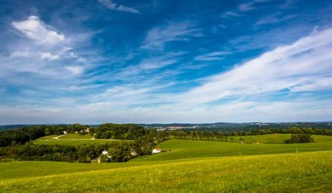 View of rolling hills and fields from high point in eastern york county, penn 스톡 사진