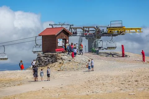 View of rolling system and cable fixing of cable car railway circuit Stock Photos