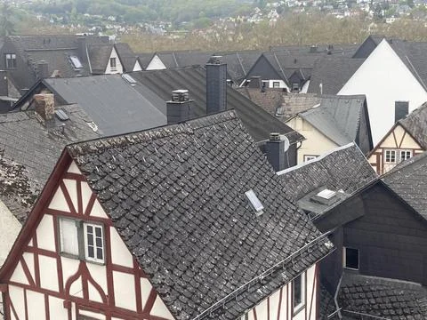 View of the roofs of old German half-timbered houses from above 스톡 사진
