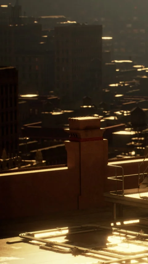 View from a rooftop during sunset overlooking city buildings and streets Stock Footage 338377686