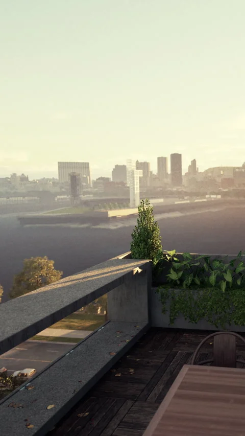 View from rooftop overlooking city skyline and river during sunset Stock Footage 340643840