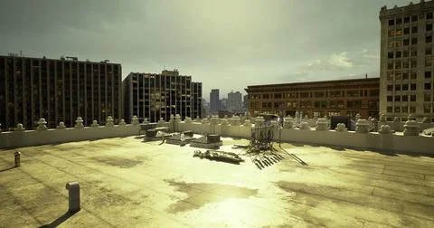 View from a rooftop overlooking a city skyline during the day with clear skie Ilustración de archivo