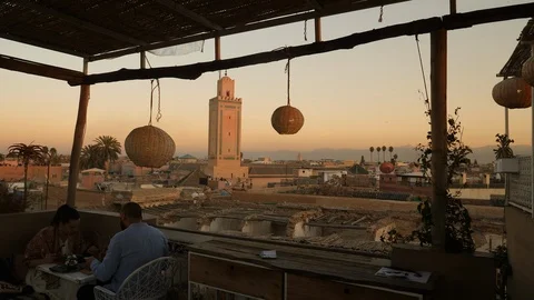View from rooftop restaurant over Marrakech. Video stock 104287711