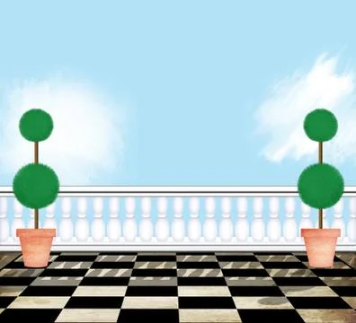 View From a Rooftop Terrace With Topiaries Stock Illustration