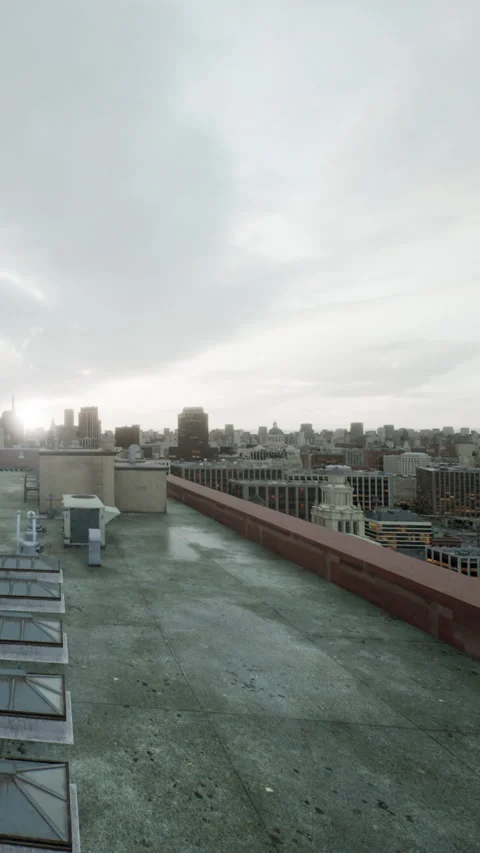 View from a rooftop in an urban area during sunset Stock Footage 337930536