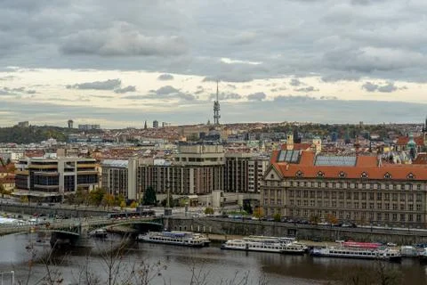 View of Rooftops and Tv tower in Prague Czech Republic during sunset Fotos Stock
