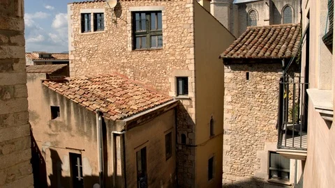 View of Rooftops in the Medieval side of Girona City. Catalonia. Spain Stock Footage 98477882
