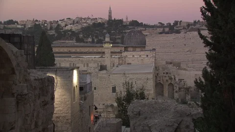 View of rooftops of Old City in Jerusalem at Sundown Stock Footage 86759634