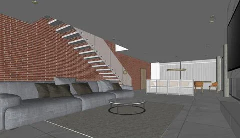 View on room interior, 3d rendering, Modern House Interior Scene Stock Illustration