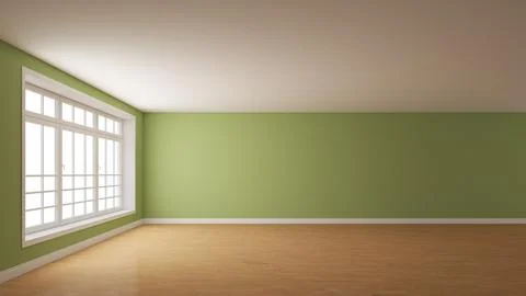 View of the Room with a Large Window on the Left, with a Light Green Plastered Stock Illustration