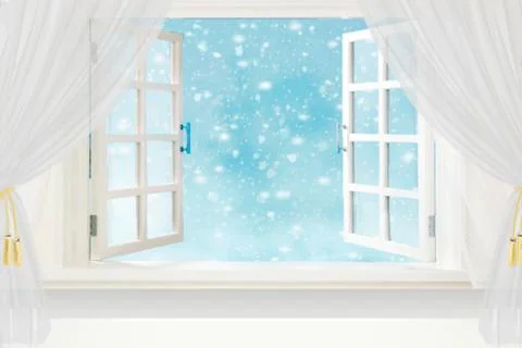 View from the room through the open window on the winter background Stock Photos