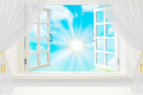 View from the room through the open window on the summer or spring background Stock Photos