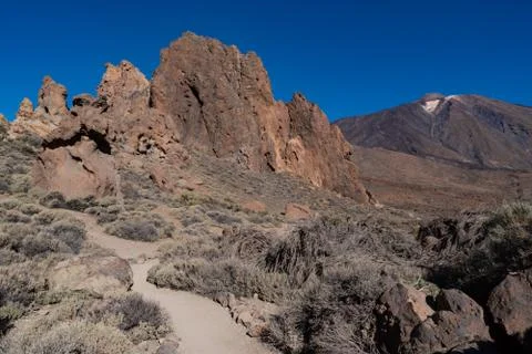 View of Roques de Garca unique rock formation with famous Pico del Teide moun Stock Photos