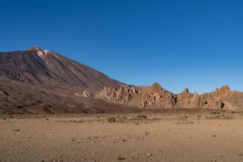 View of Roques de Garca unique rock formation with famous Pico del Teide moun Stock Photos