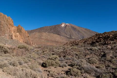 View of Roques de Garca unique rock formation with famous Pico del Teide moun Stock Photos