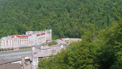 View of Rosa Khutor and river Mzmyta. View from cable car Stock Footage 95283200