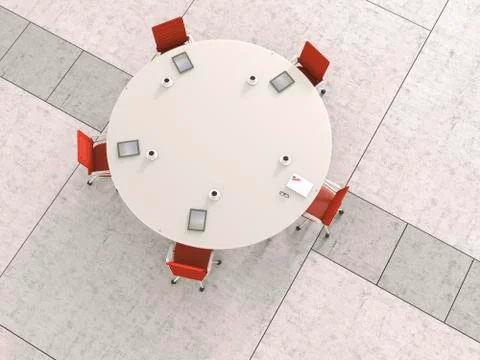 View to round conference table from above, 3D Rendering Stock Illustration