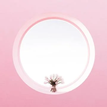 View from round window, flowers, pastel pearl pink wall 3d render Stock Illustration