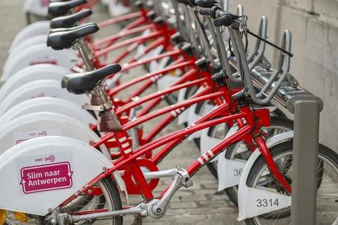 View of row of parked shared bicycles by Velo Antwerpen Stock Photos