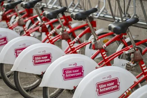 View of row of parked shared bicycles by Velo Antwerpen Stock Photos
