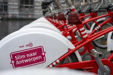 View of row of parked shared bicycles by Velo Antwerpen Stock Photos