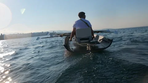 View of rowing team training at Caddebostan Coast, Turkiye. Stock Footage 343878865