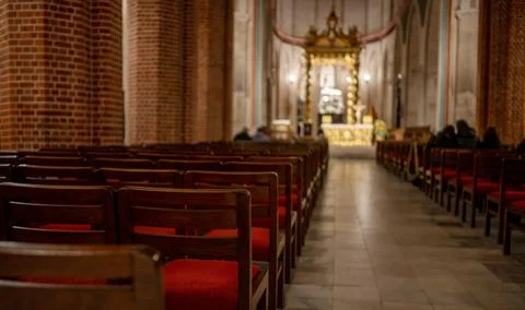 View Of Rows Of Chairs In Catholic Cathedral Stock Photos