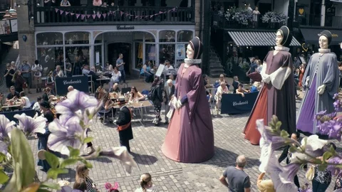 View from rows on Chester's Midsummer Watch Parade. Giants titans Video stock 92502617