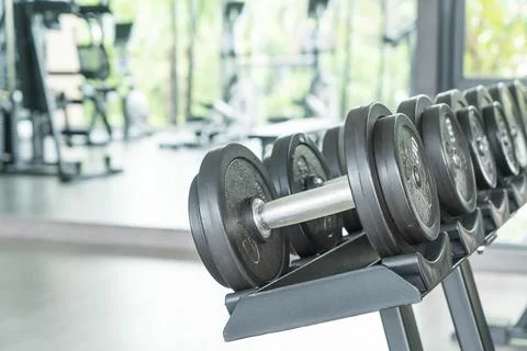 View of rows of dumbbells Stock Photos
