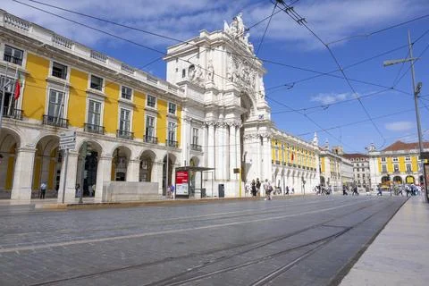 View of the Rua Augusta Arch at Praca do Comercio Plaza in Lisbon, Portugal Stock Photos