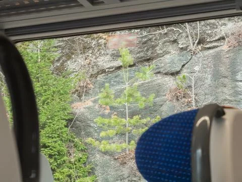 A view of rugged rock formations and green pine trees through a train window, 스톡 사진