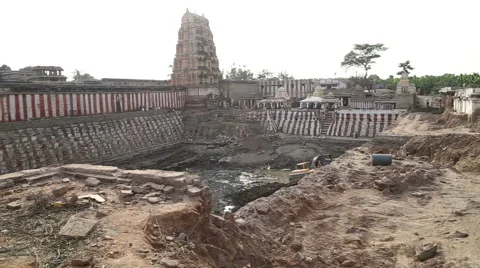 View of the ruins of one temple in Hampi and colorful truck. Stock Footage 49909354